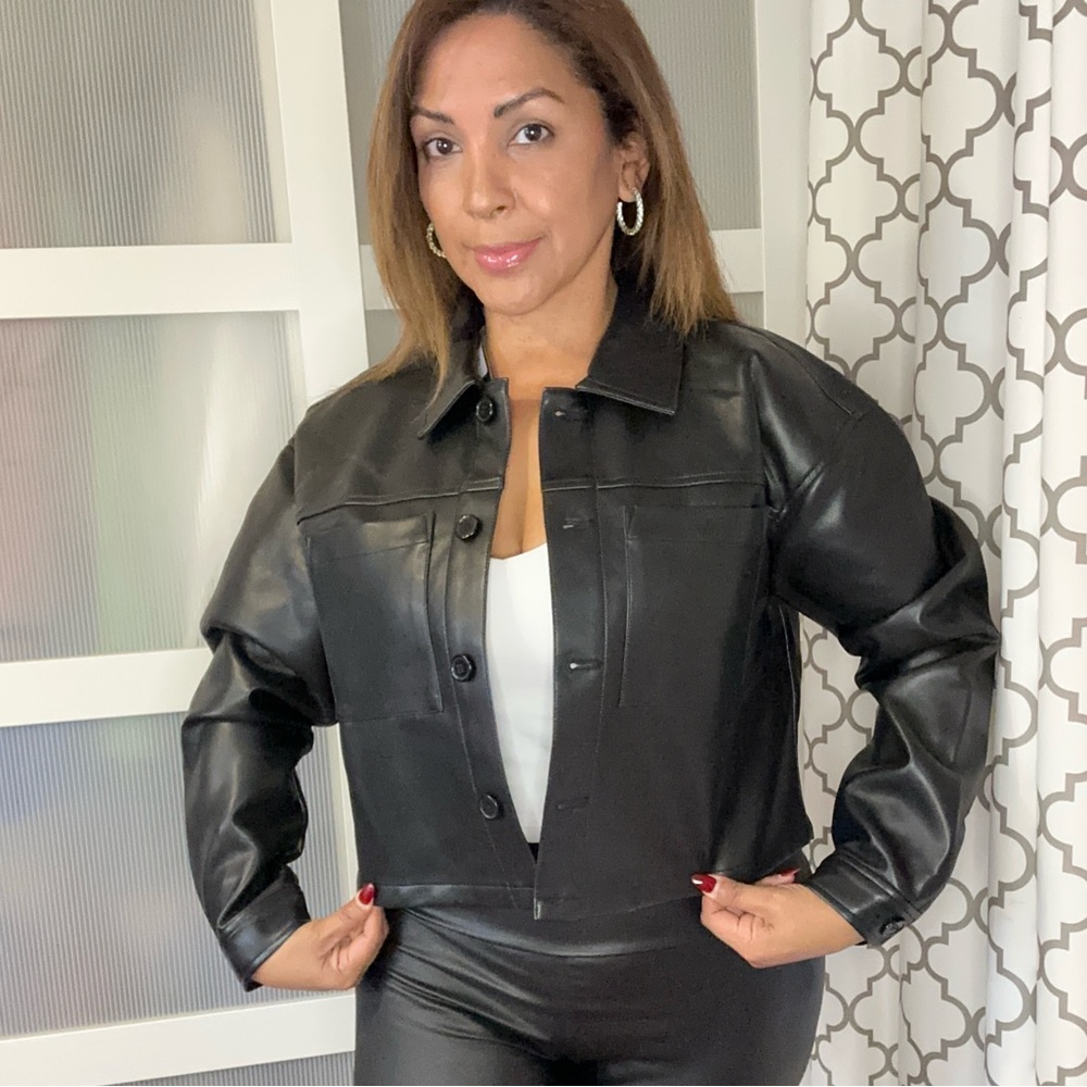 BCBG New York Black Faux Leather Jacket S Button Front Structured